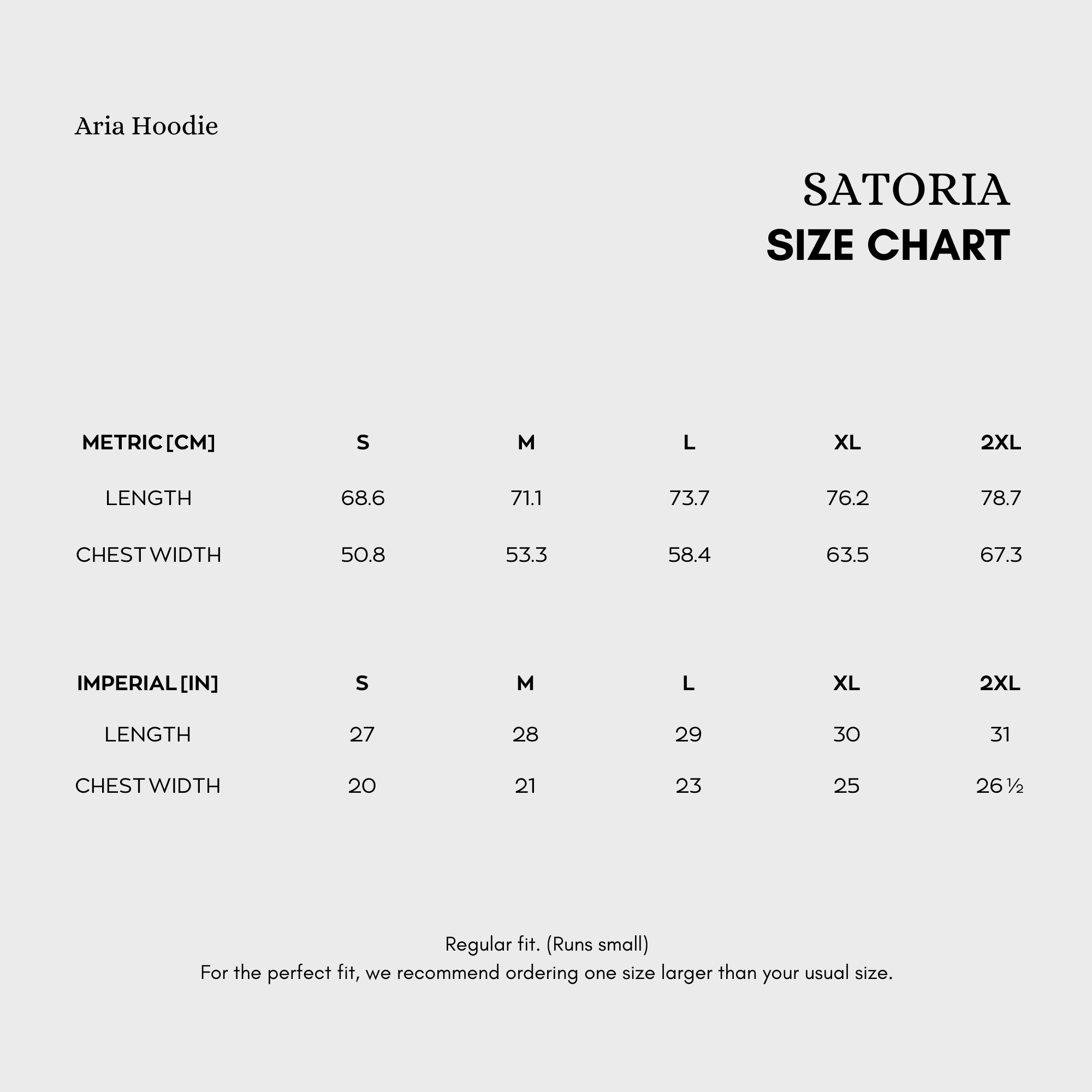 Aria Hoodie Size Chart