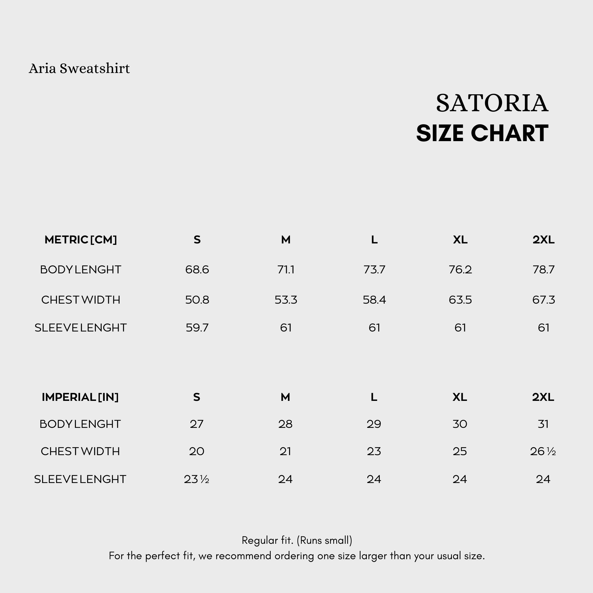 Aria Sweatshirt Size Chart