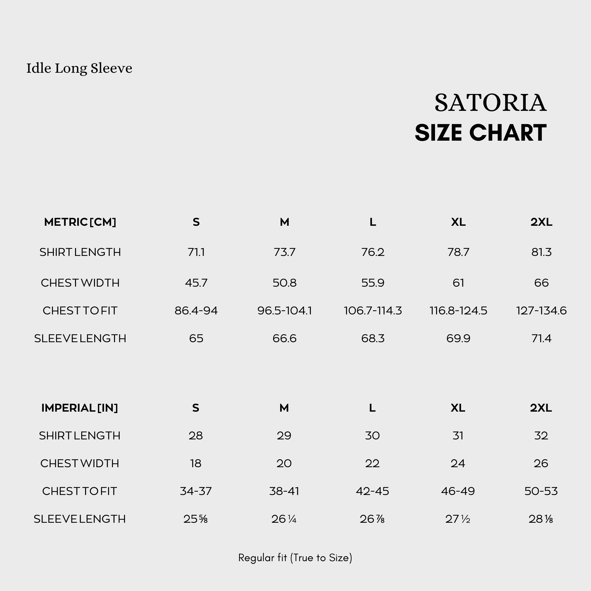 Idle Long Sleeve Size Chart