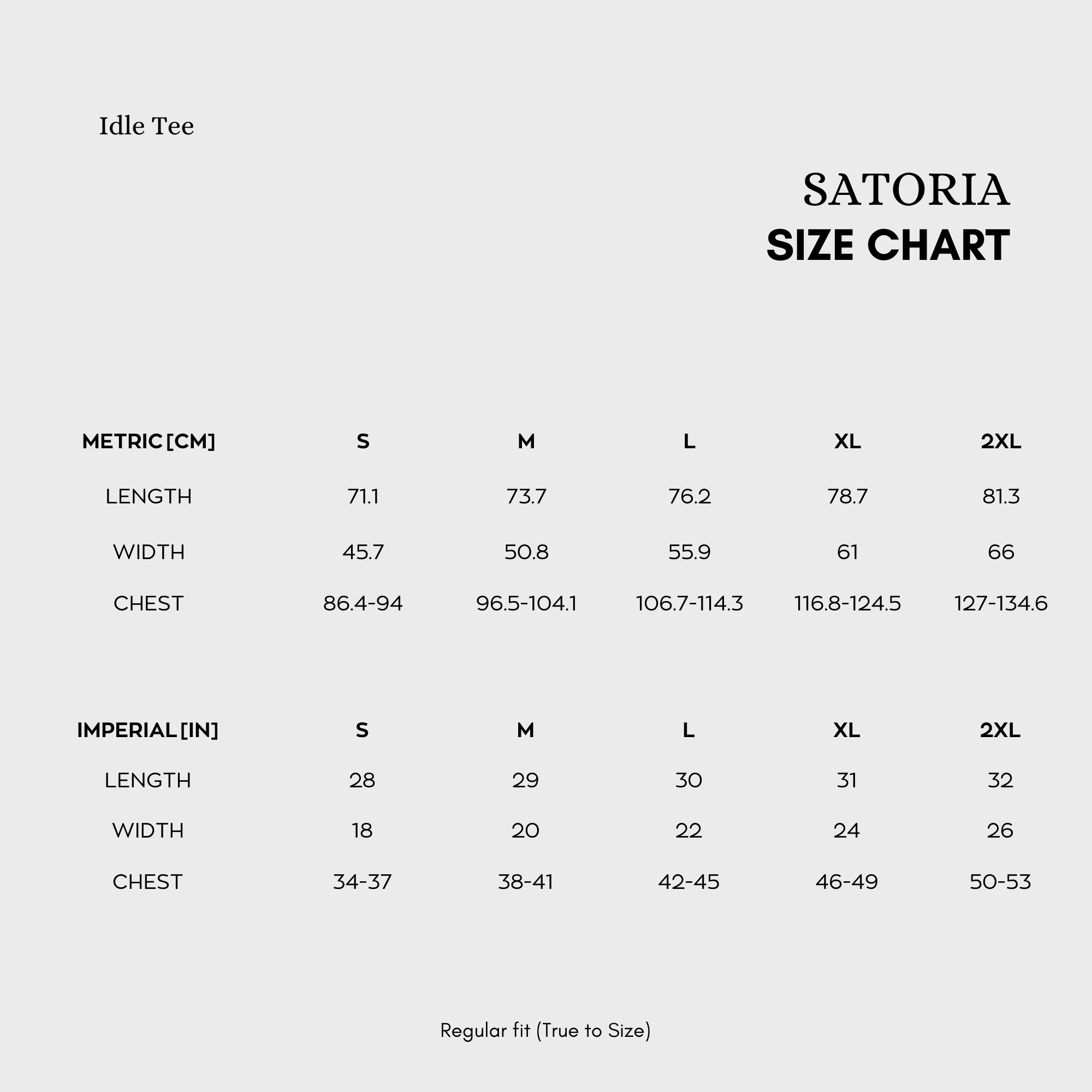 Idle Tee Size Chart